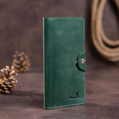 Unisex Vertical Wallet SHVIGEL 16179 Vintage Green Leather with Button Closure