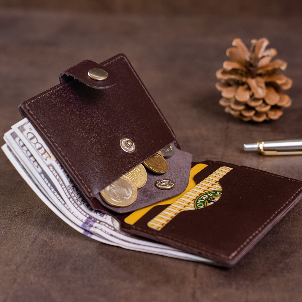 Vertical Leather Wallet for Men SHVIGEL 16218 Brown - Natural Leather, Coin Pocket
