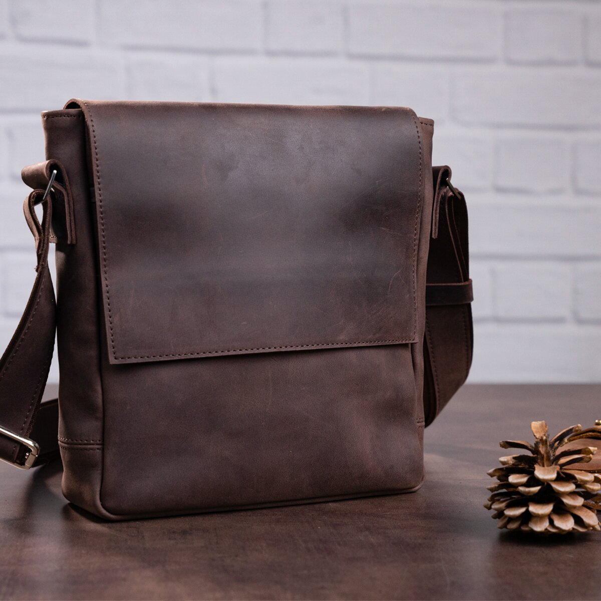 Leather Messenger Bag SHVIGEL 00884 Brown Natural Leather Made in Ukraine