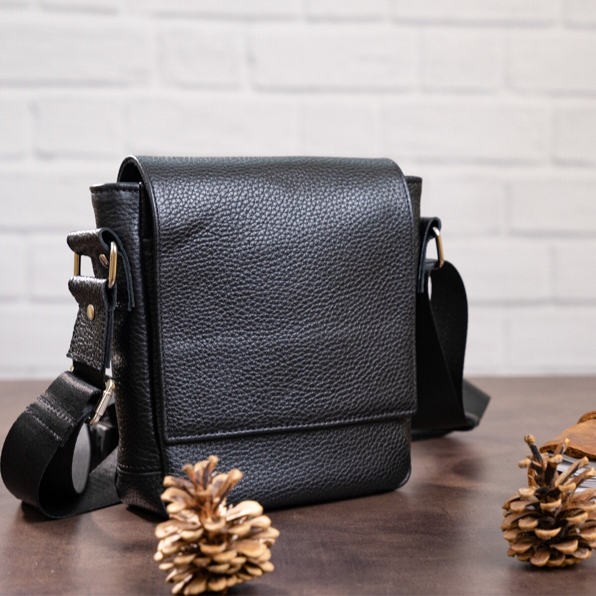 Black Messenger Bag SHVIGEL 00964 | Genuine Leather | Made in Ukraine