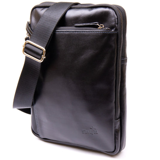 Men's Tablet Bag SHVIGEL 11281 Black Leather with Zip Pocket, Stylish Design