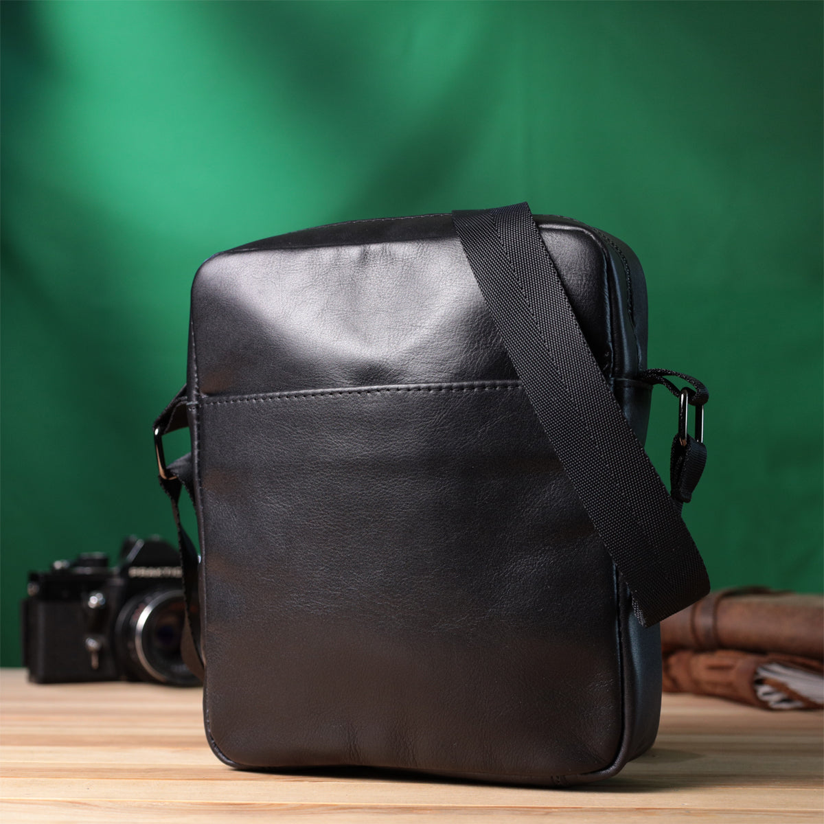 Adjustable Crossbody Bag SHVIGEL 22849 Black Glossy Genuine Leather for Men