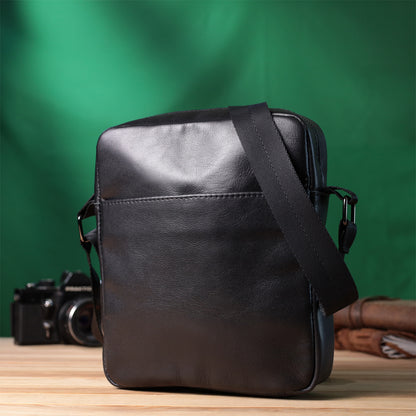 Adjustable Crossbody Bag SHVIGEL 22849 Black Glossy Genuine Leather for Men