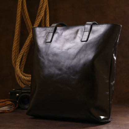Classic Women's Leather Shopper Bag SHVIGEL 16365 Black - Natural Leather Design