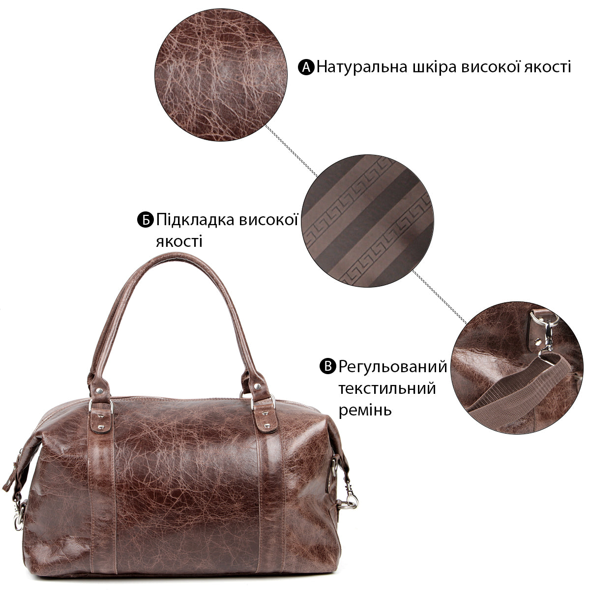 Brown SHVIGEL Travel Bag 00905 - Genuine Leather, Made in Ukraine