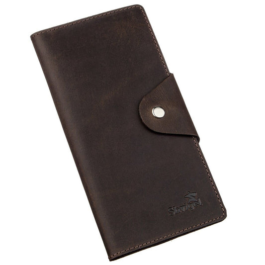 Vertical Wallet SHVIGEL 16180 Vintage Leather with Button Closure in Brown Color