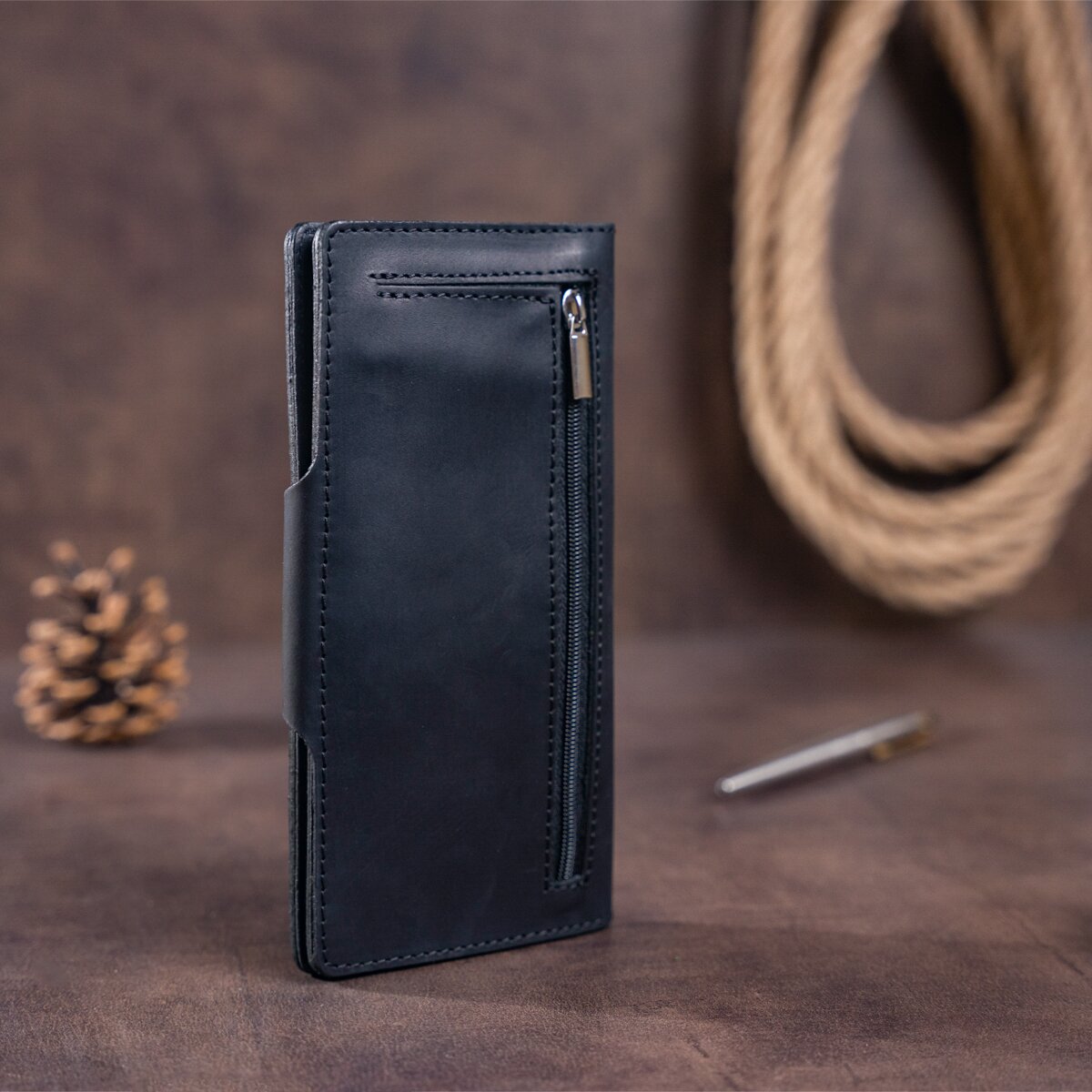 Vertical Men's Wallet by SHVIGEL 16182 in Black Vintage Leather with Button Closure
