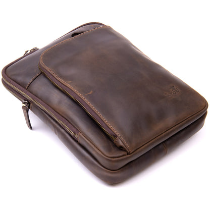 Original SHVIGEL Bag with Zippered Pocket in Matte Brown Leather 11280 - Ukrainian Craftsmanship