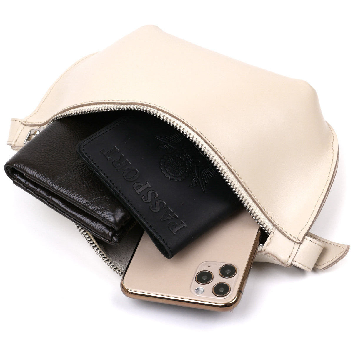 Stylish Women's Leather Fanny Pack SHVIGEL 16391 Beige Genuine Leather Design