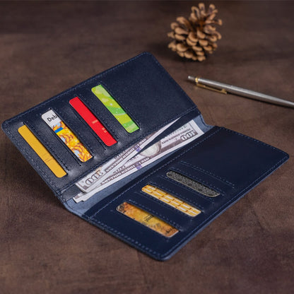 Vertical Wallet SHVIGEL 13993 Blue Natural Leather Handmade from Ukraine
