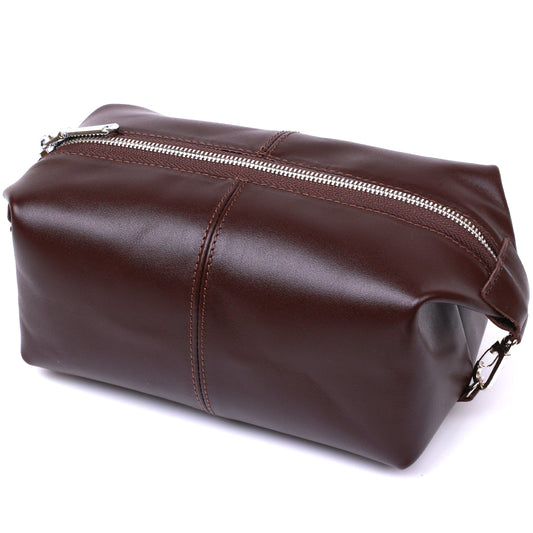 Glossy Leather Cosmetic Bag SHVIGEL 16407 Brown Genuine Leather Made in Ukraine