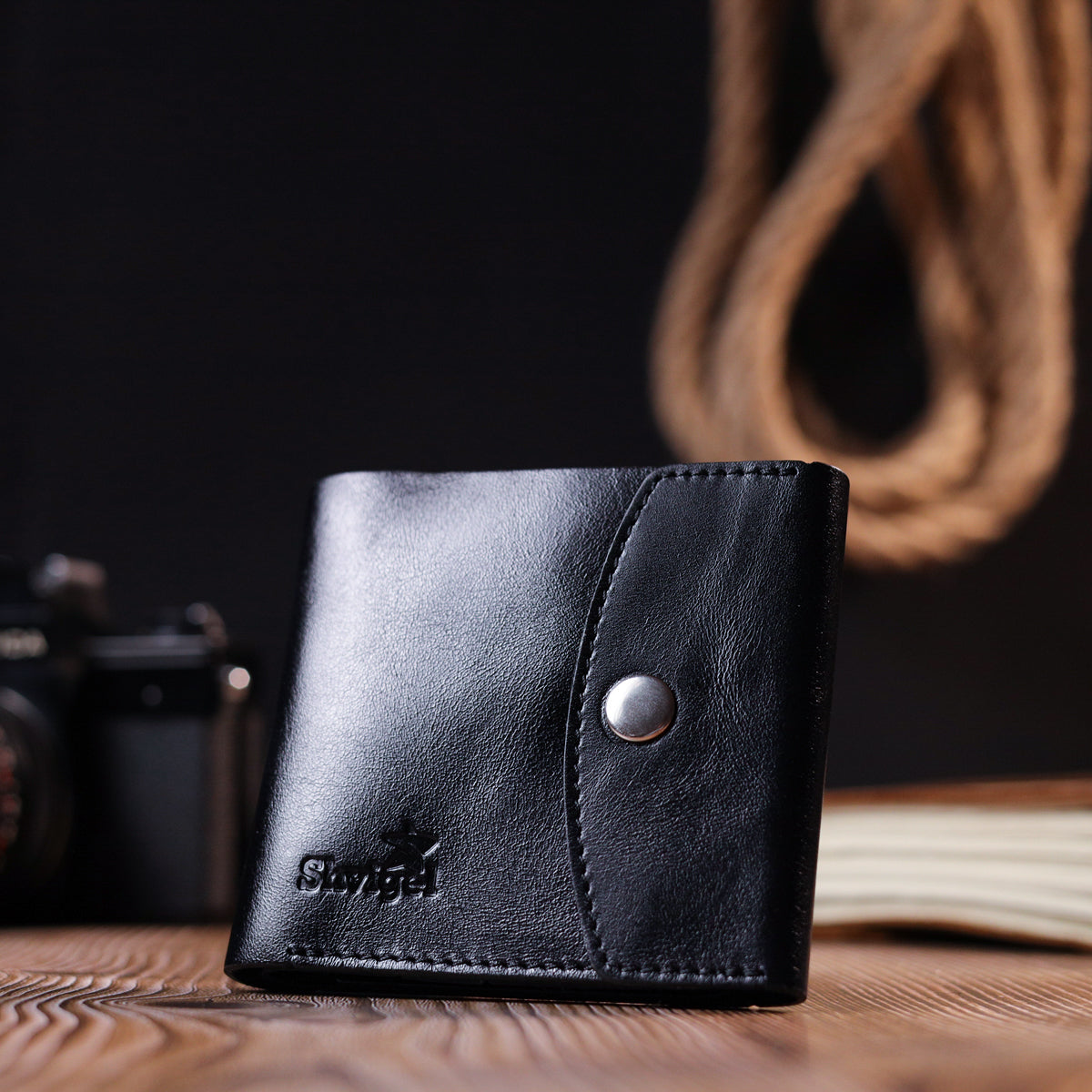 Men's Glossy Leather Wallet SHVIGEL 16617 Black Natural Leather Handmade
