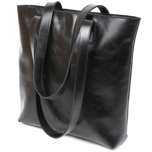 Classic Women's Leather Shopper Bag SHVIGEL 16365 Black - Natural Leather Design