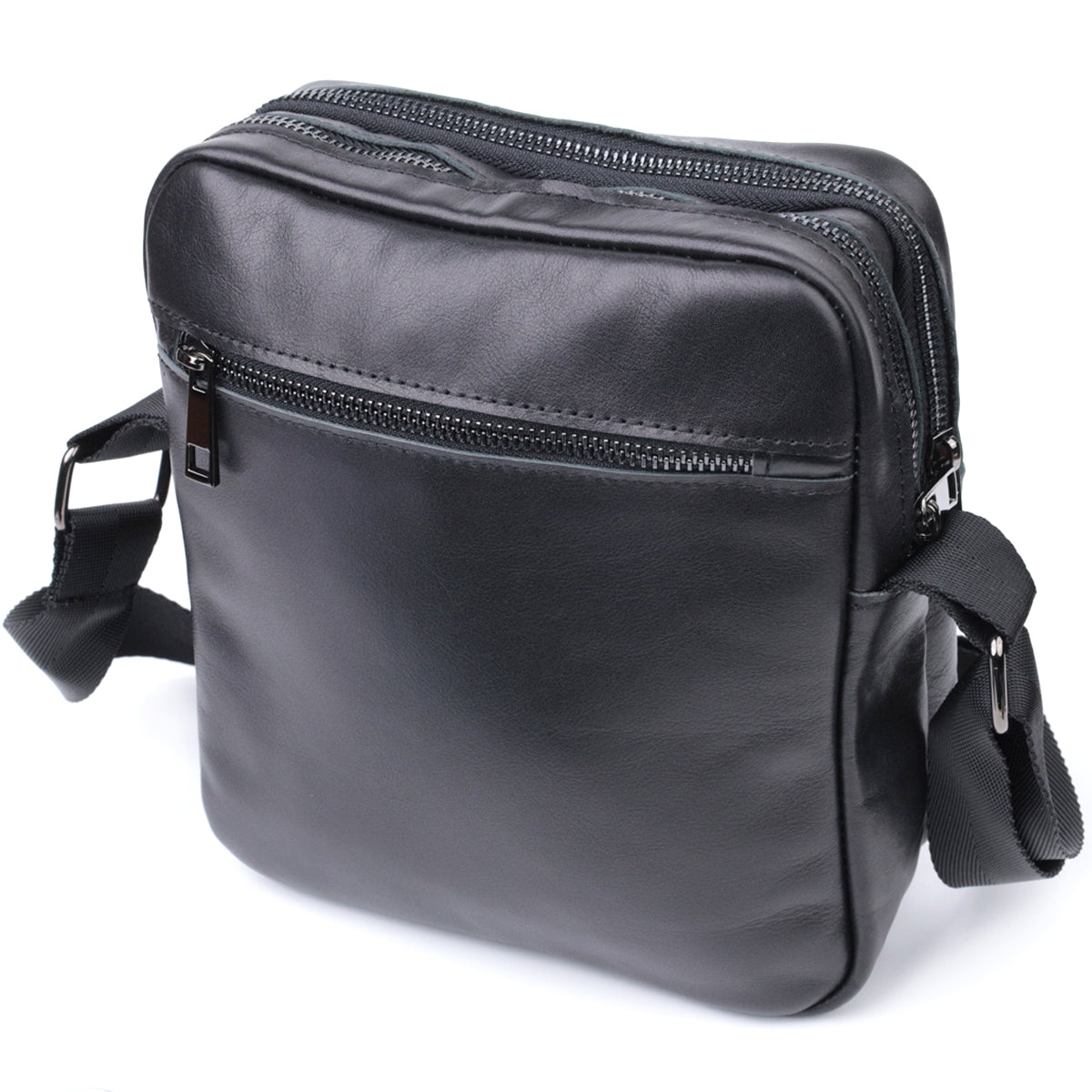 Classic Men's Messenger Bag by SHVIGEL, Model 22846, Glossy Black Natural Leather
