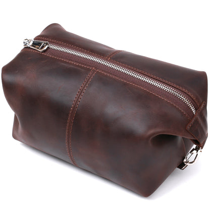 Vintage Leather Cosmetic Bag SHVIGEL 16398 Brown - Natural Leather, Made in Ukraine