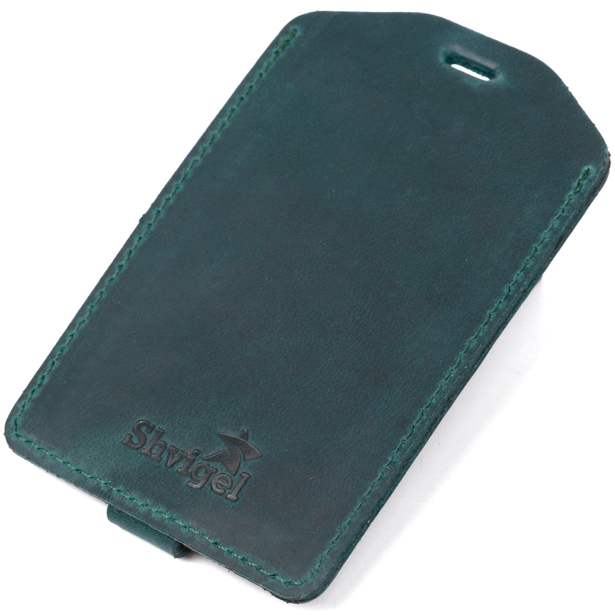 Matte Leather Luggage Tag SHVIGEL 16557 Green Natural Leather for Travel