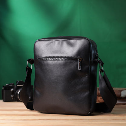 Adjustable Crossbody Bag SHVIGEL 22849 Black Glossy Genuine Leather for Men