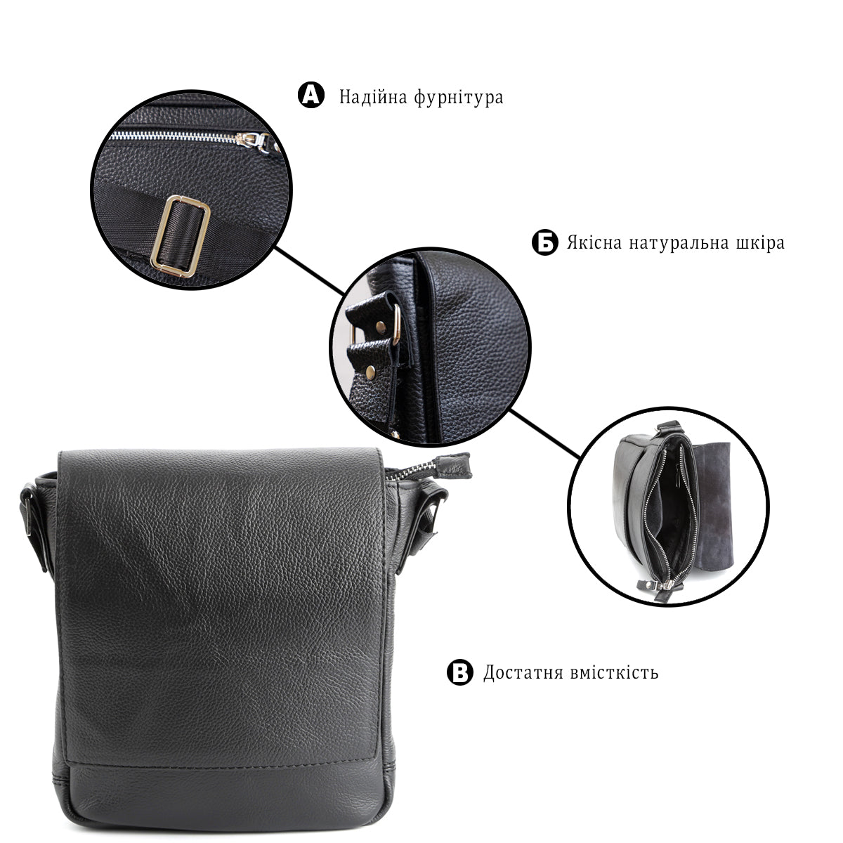 Black Messenger Bag SHVIGEL 00964 | Genuine Leather | Made in Ukraine