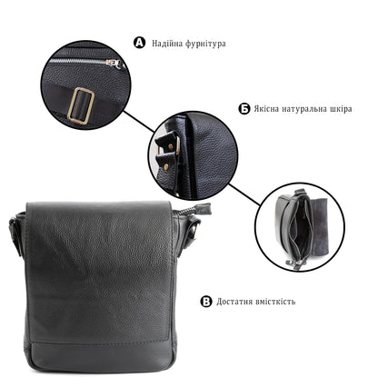 Black Messenger Bag SHVIGEL 00964 | Genuine Leather | Made in Ukraine