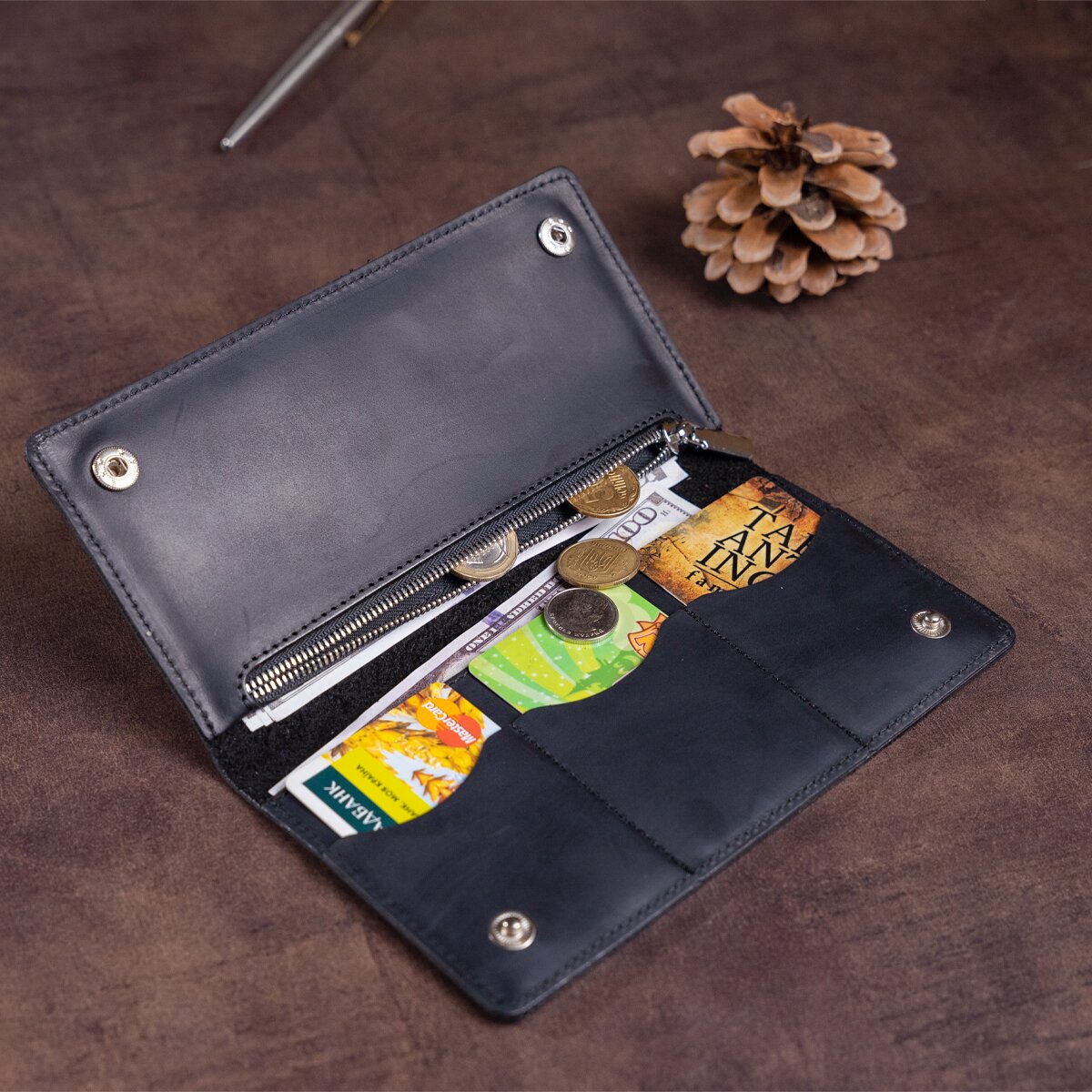 Men's Vertical Wallet SHVIGEL 16200 Vintage Leather Black Natural Skin