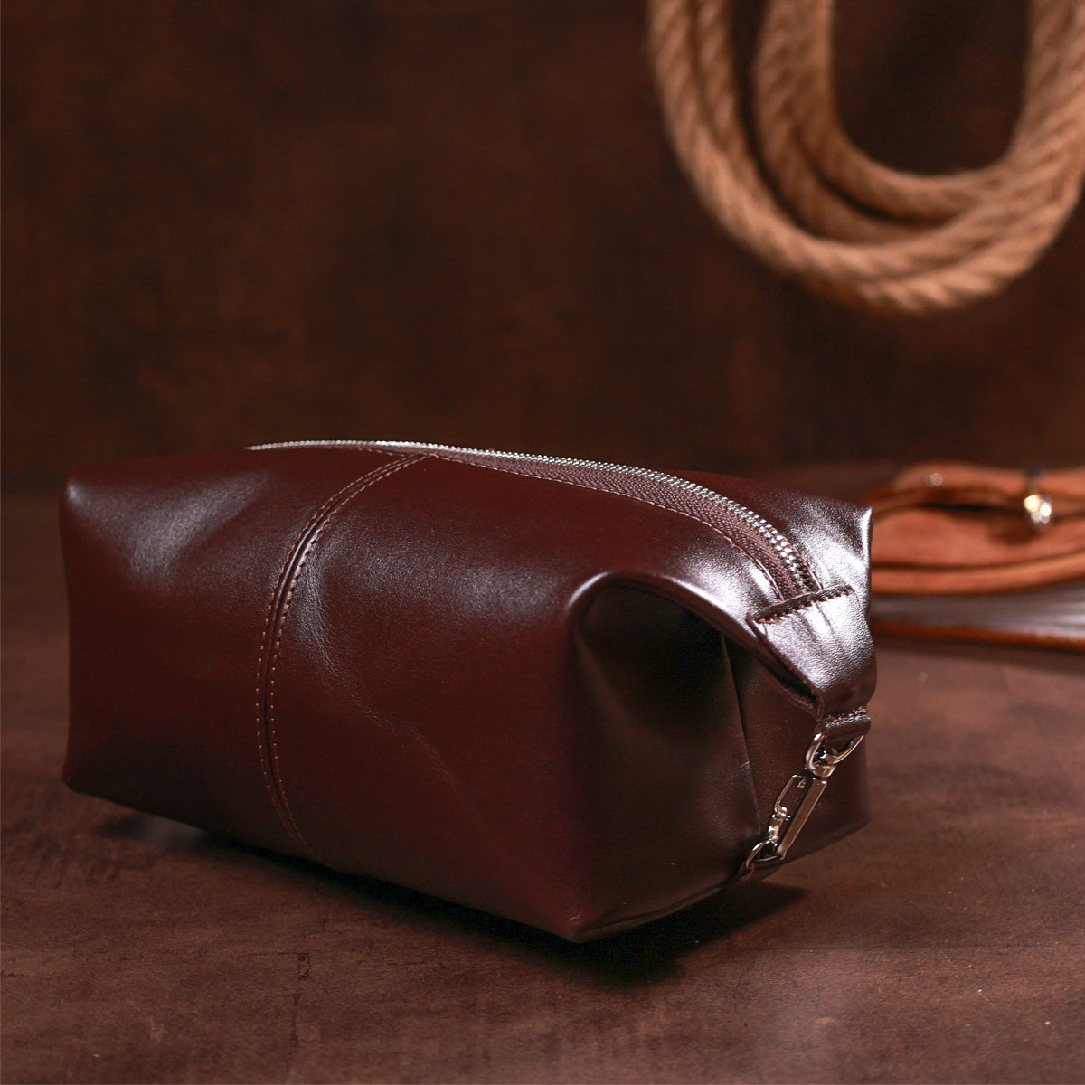 Glossy Leather Cosmetic Bag SHVIGEL 16407 Brown Genuine Leather Made in Ukraine