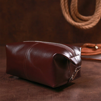 Glossy Leather Cosmetic Bag SHVIGEL 16407 Brown Genuine Leather Made in Ukraine