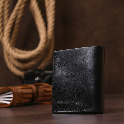 Men's Practical Wallet SHVIGEL 16502 Black Genuine Leather Ukrainian Craftsmanship