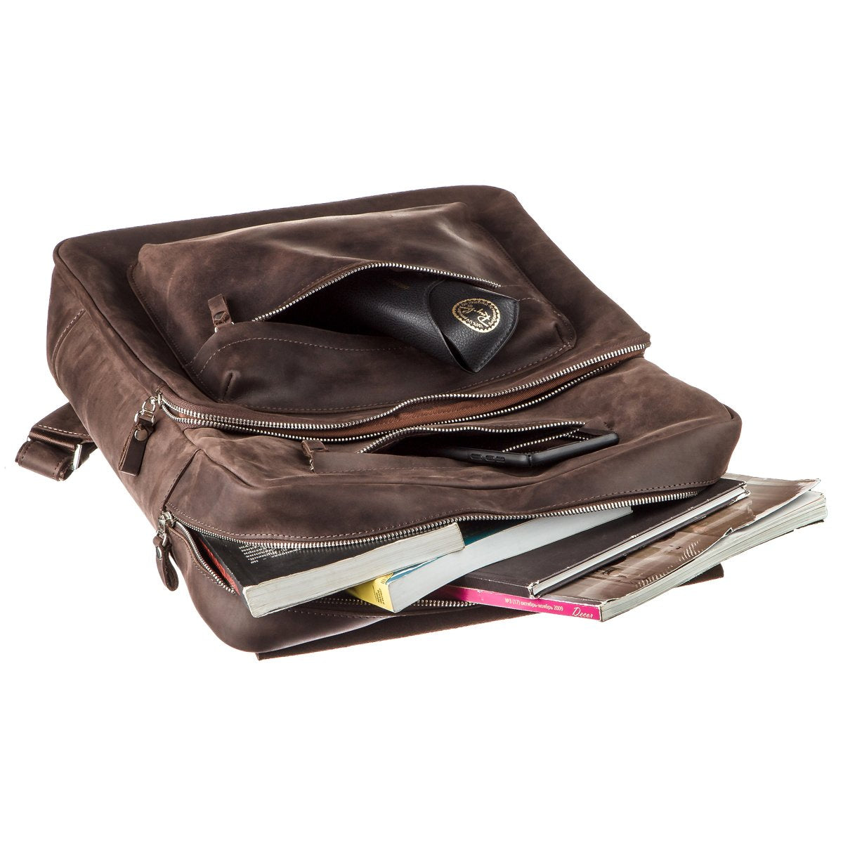 Large Leather Backpack by SHVIGEL 15307 in Brown with Crazy Horse Finish, Made in Ukraine