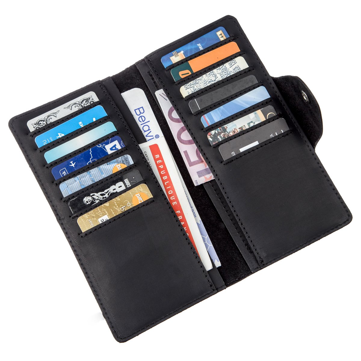 Vertical Men's Wallet by SHVIGEL 16182 in Black Vintage Leather with Button Closure