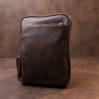 Original SHVIGEL Bag with Zippered Pocket in Matte Brown Leather 11280 - Ukrainian Craftsmanship