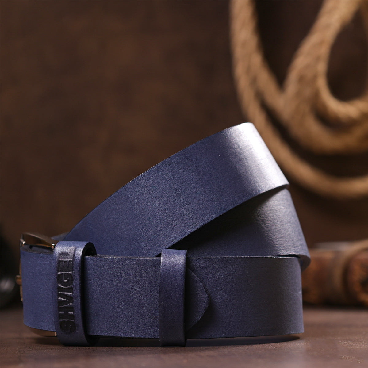 Classic Men's Leather Belt SHVIGEL 11254 Blue Natural Leather Made in Ukraine