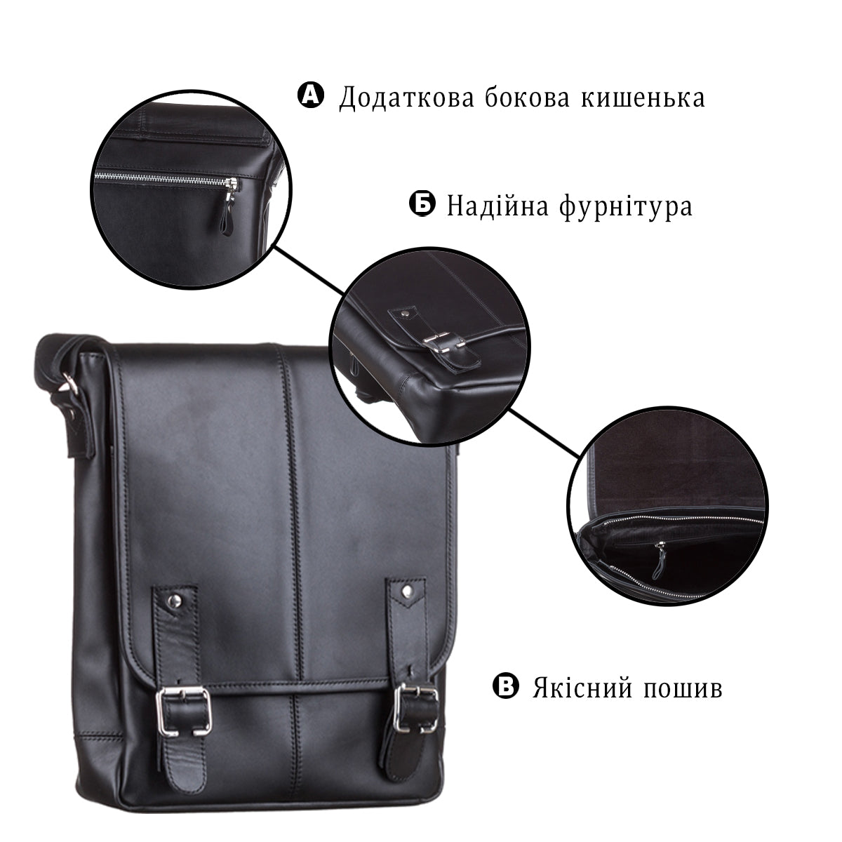 Men's Leather Bag SHVIGEL 11040 Black, Crafted from Natural Leather, Made in Ukraine