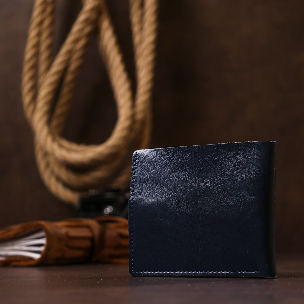 Compact Blue Leather Wallet for Men - SHVIGEL Art. 16465, Natural Leather, Made in Ukraine