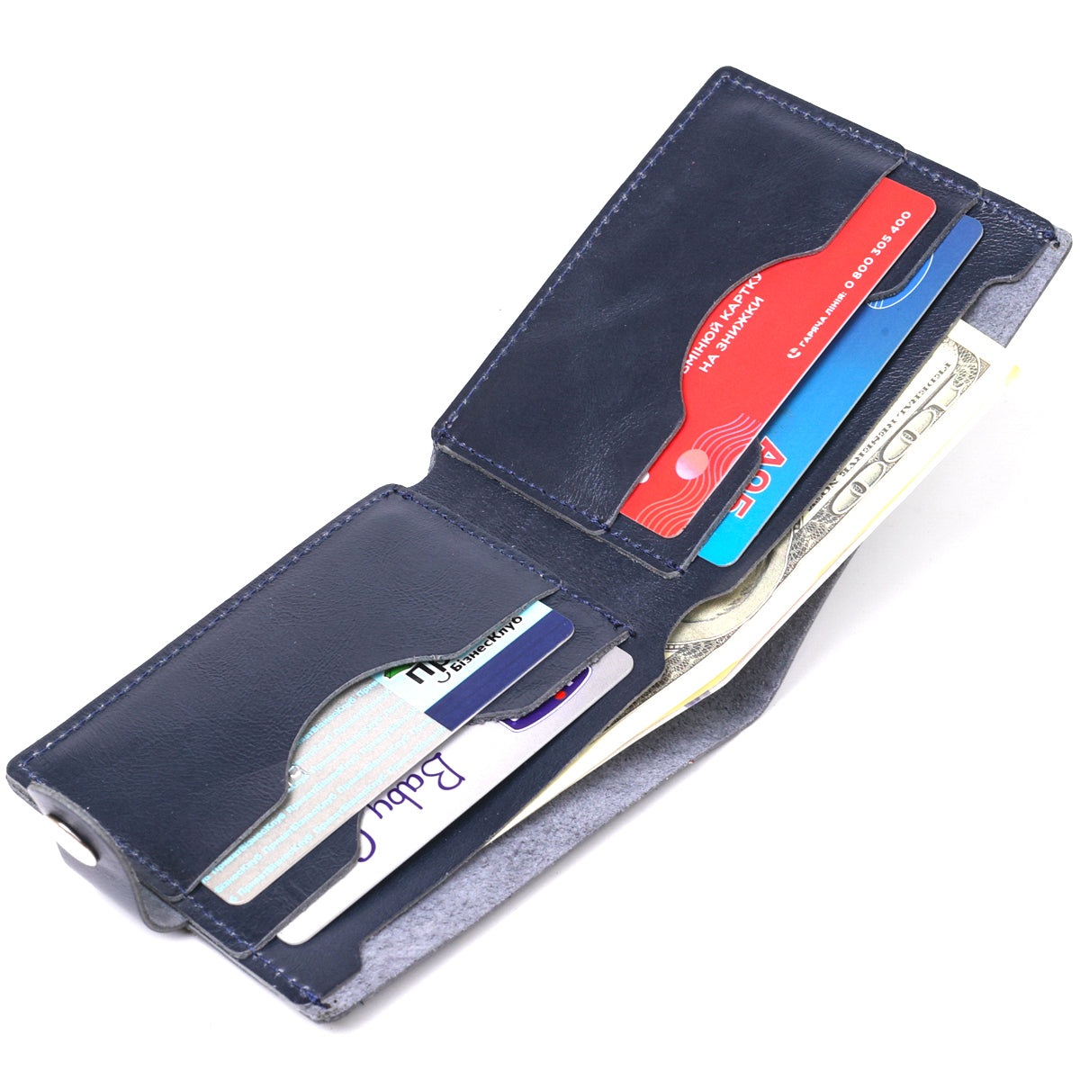 Compact Blue Leather Wallet for Men - SHVIGEL Art. 16465, Natural Leather, Made in Ukraine