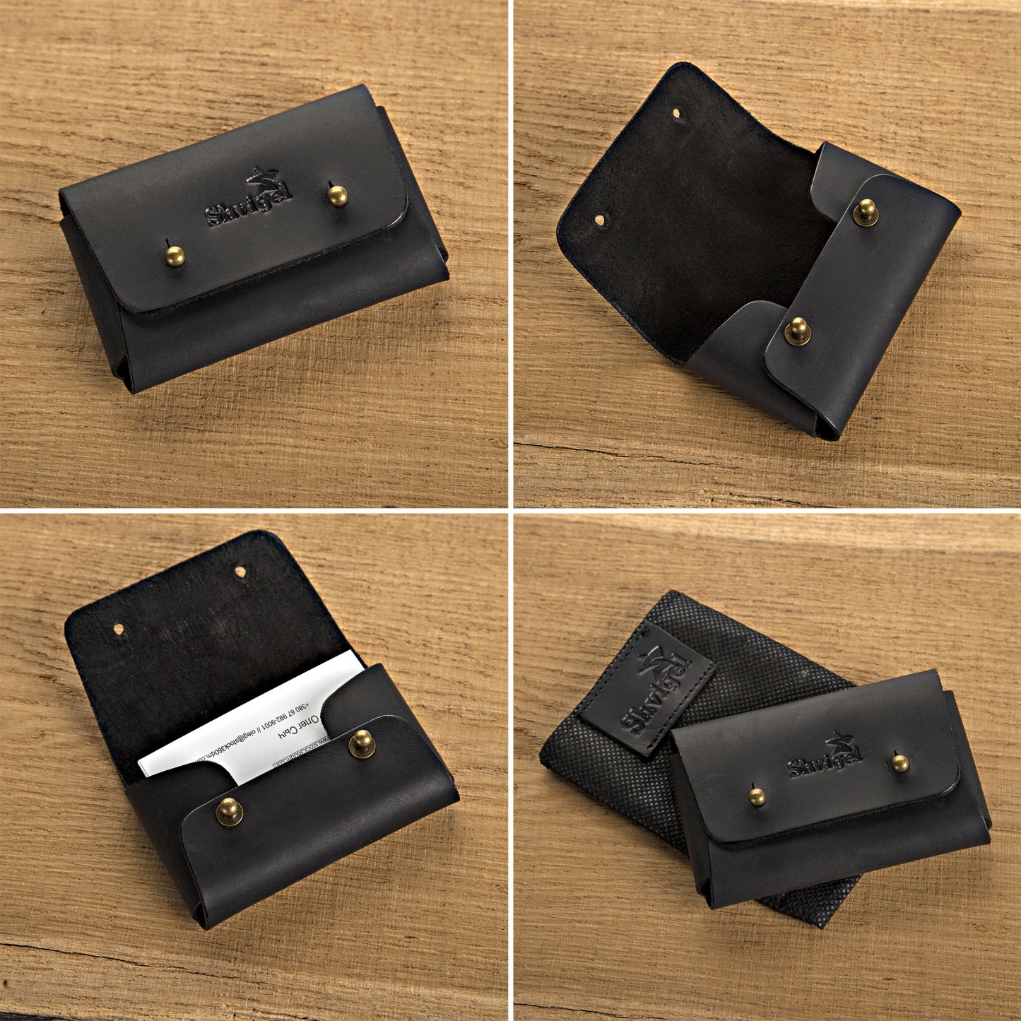 Business Card Holder SHVIGEL 16159 Black Vintage Natural Leather Made in Ukraine