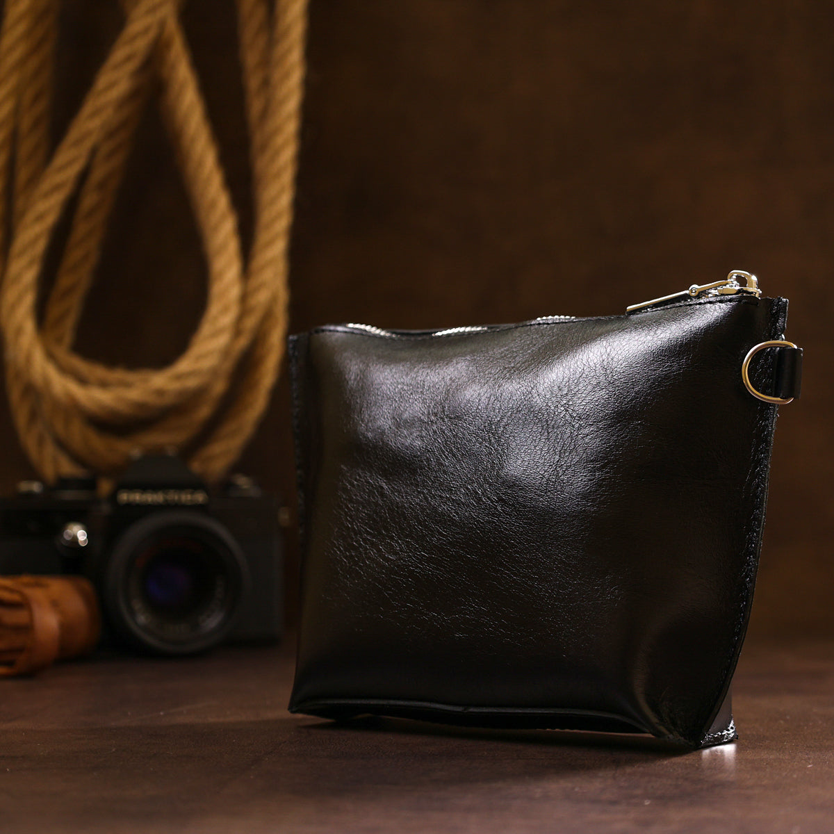 Comfortable Leather Cosmetic Bag SHVIGEL 16409 Black Natural Leather, Made in Ukraine