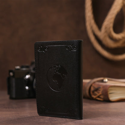 Leather Passport Cover with Map and Frame SHVIGEL 13982 in Black - Made in Ukraine, Genuine Leather Design
