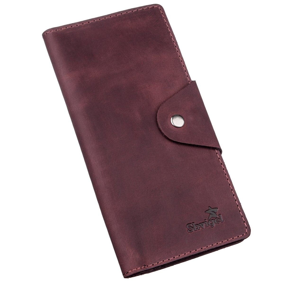 Vertical Women's Wallet SHVIGEL 16178 Vintage Leather with Buttons Burgundy, Made in Ukraine