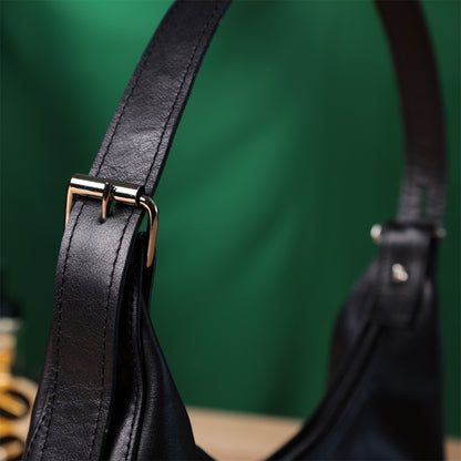 SHVIGEL Women's Baguette Bag with Adjustable Strap, Smooth Natural Leather, Black, Model 22834