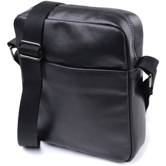 Adjustable Crossbody Bag SHVIGEL 22849 Black Glossy Genuine Leather for Men