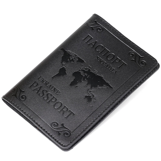 Leather Passport Cover with Map and Frame SHVIGEL 13982 in Black - Made in Ukraine, Genuine Leather Design