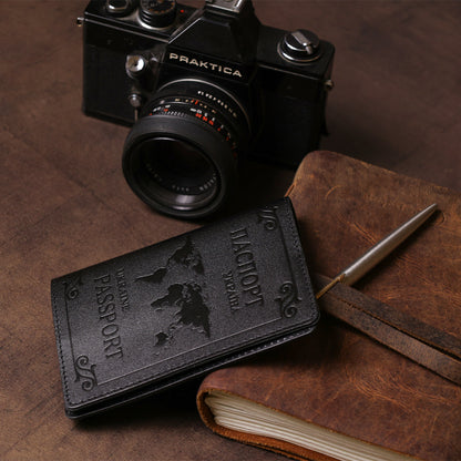 Leather Passport Cover with Map and Frame SHVIGEL 13982 in Black - Made in Ukraine, Genuine Leather Design