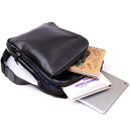 Men's Tablet Bag SHVIGEL 11281 Black Leather with Zip Pocket, Stylish Design