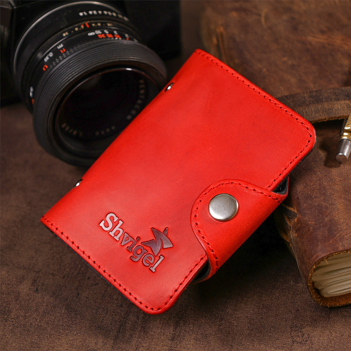 Vertical Business Card Holder SHVIGEL 13910 Red Genuine Leather for Business Cards