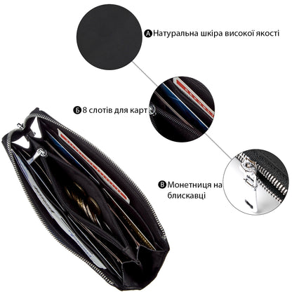 Leather Clutch SHVIGEL 16191 Matte Black Genuine Leather Made in Ukraine