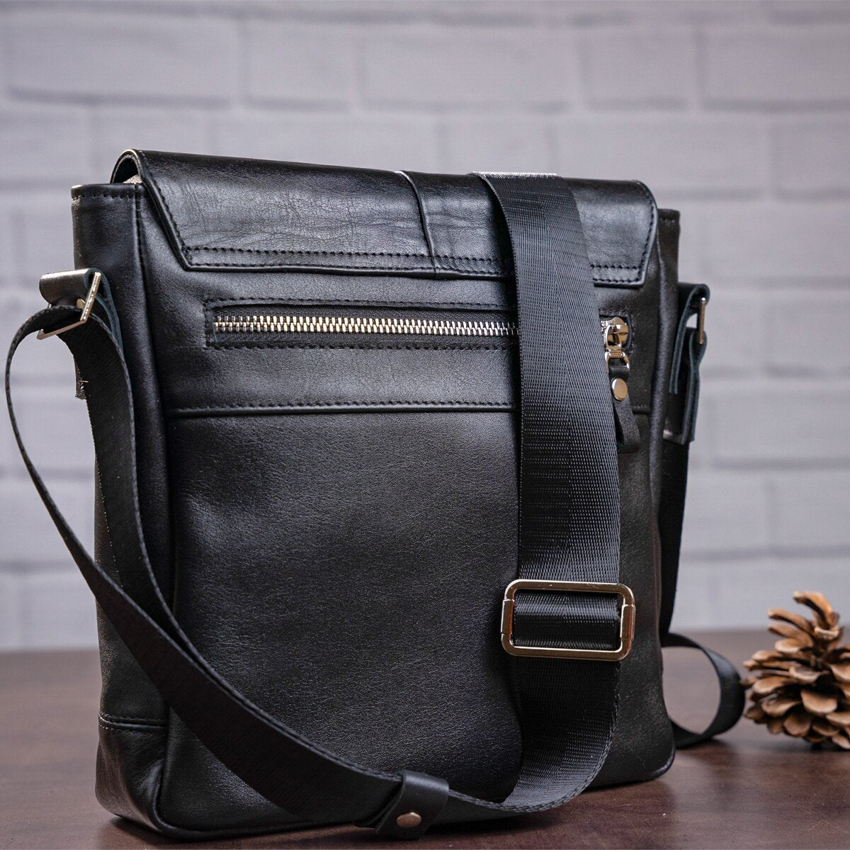 Leather Messenger Bag SHVIGEL 00793 Black Genuine Leather, Handmade in Ukraine