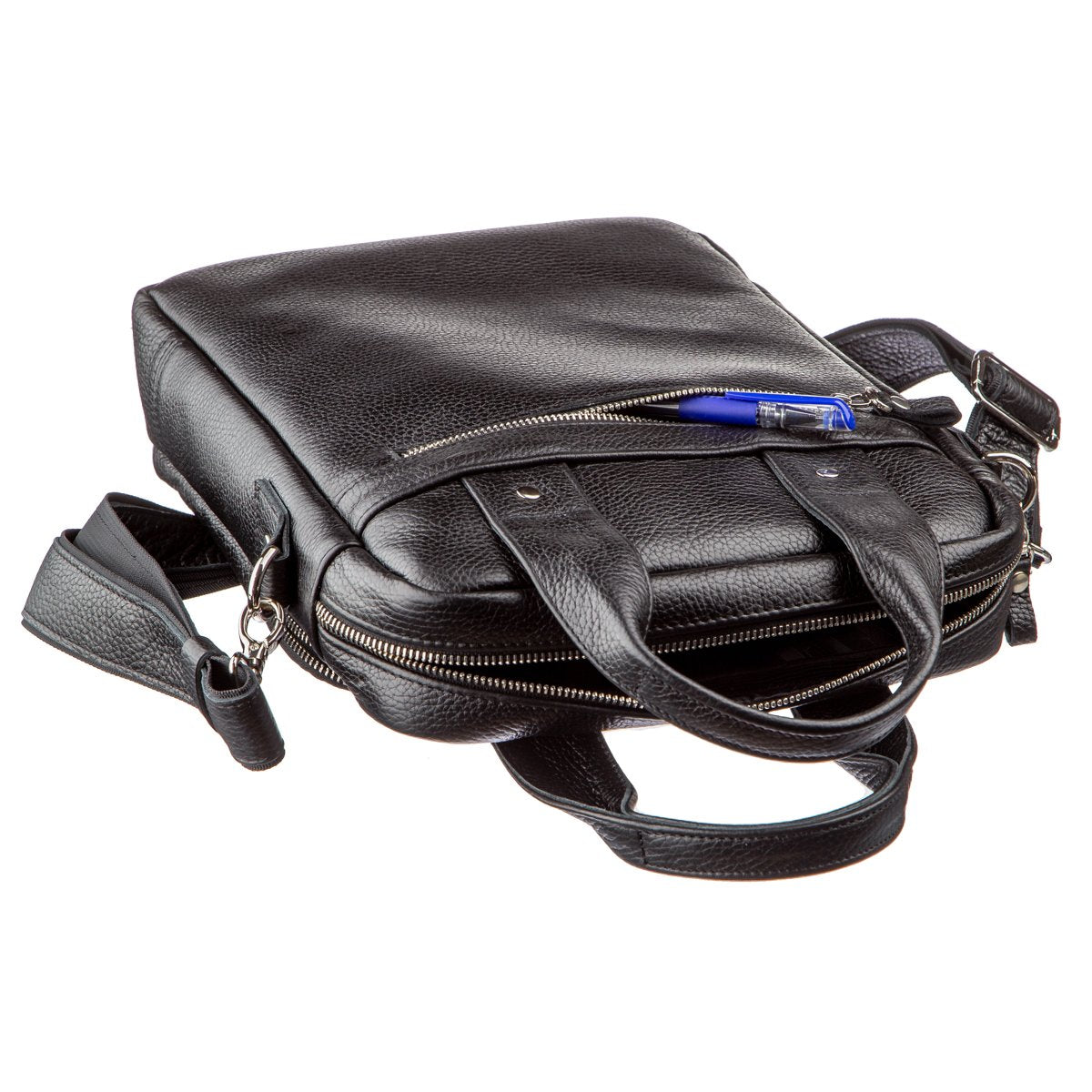 Men's Vertical Leather Bag SHVIGEL 11167 A4 Size Black Floater Natural Leather