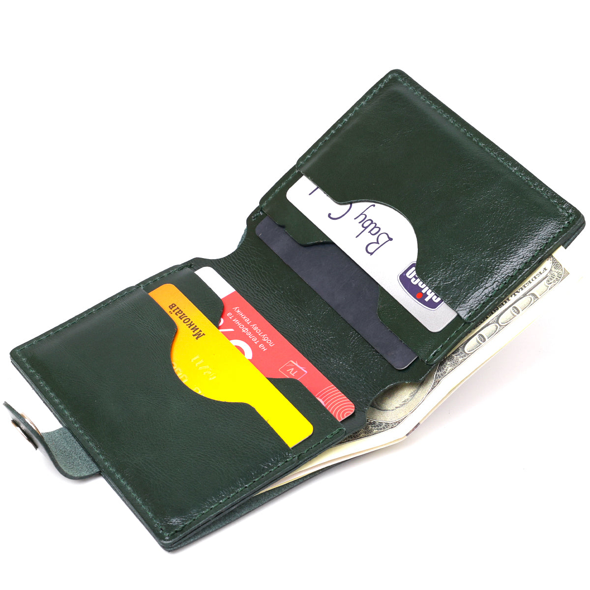 Practical SHVIGEL Leather Wallet 16504 Green - Natural Leather, Made in Ukraine
