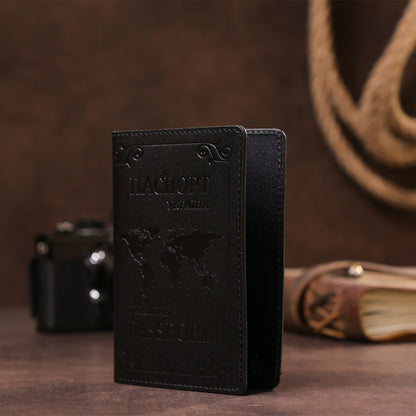 Leather Passport Cover with Map and Frame SHVIGEL 13982 in Black - Made in Ukraine, Genuine Leather Design