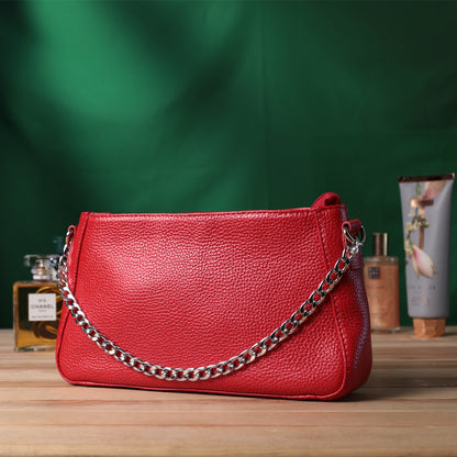 Bright Baguette Bag with Chain and Detachable Strap, SHVIGEL 22836, Red, Natural Leather